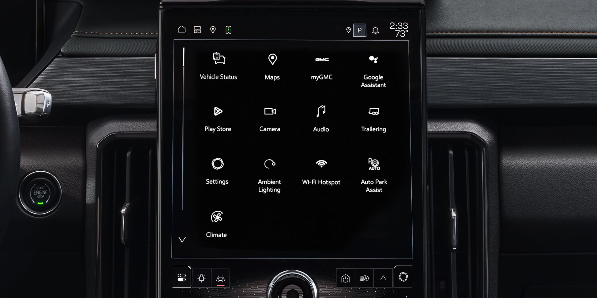 Une vue intérieure du système d’infodivertissement d’un VUS GMC Acadia 2027 affichant diverses icônes d’application comme les cartes, MyGMC et les paramètres.