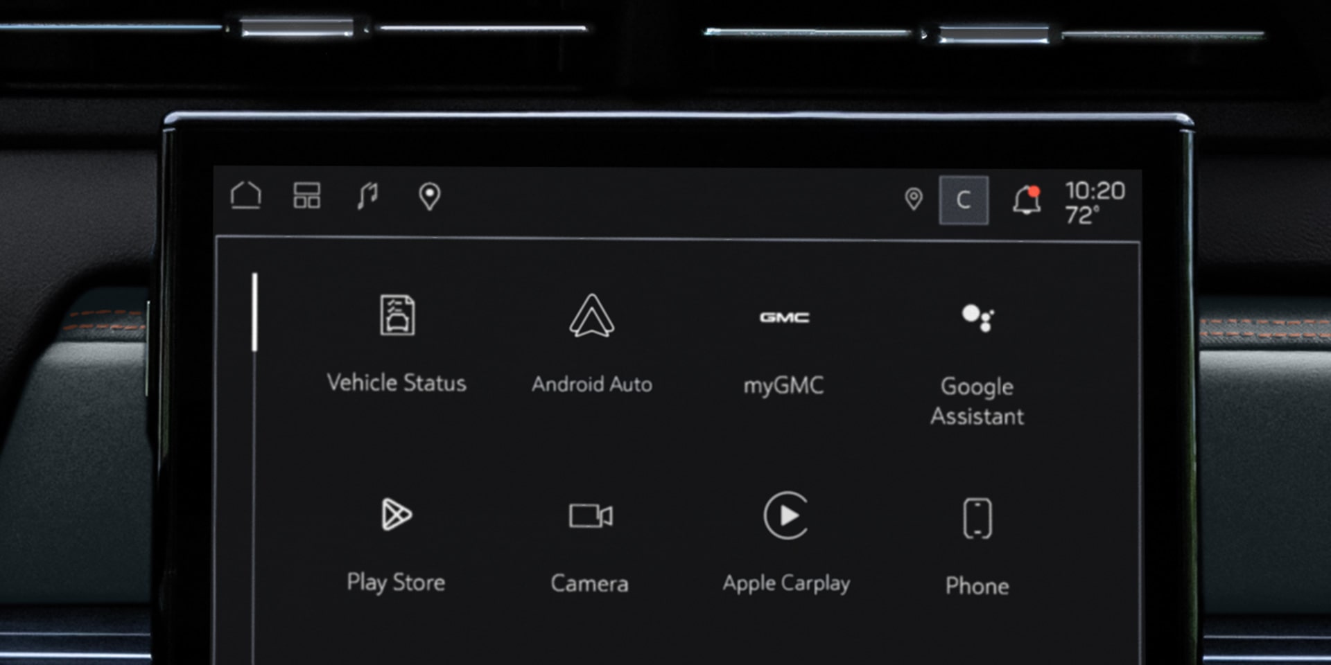L’écran d’infodivertissement d’un véhicule de terrain GMC 2027 affiche diverses applications comme Android Auto et Apple CarPlay.