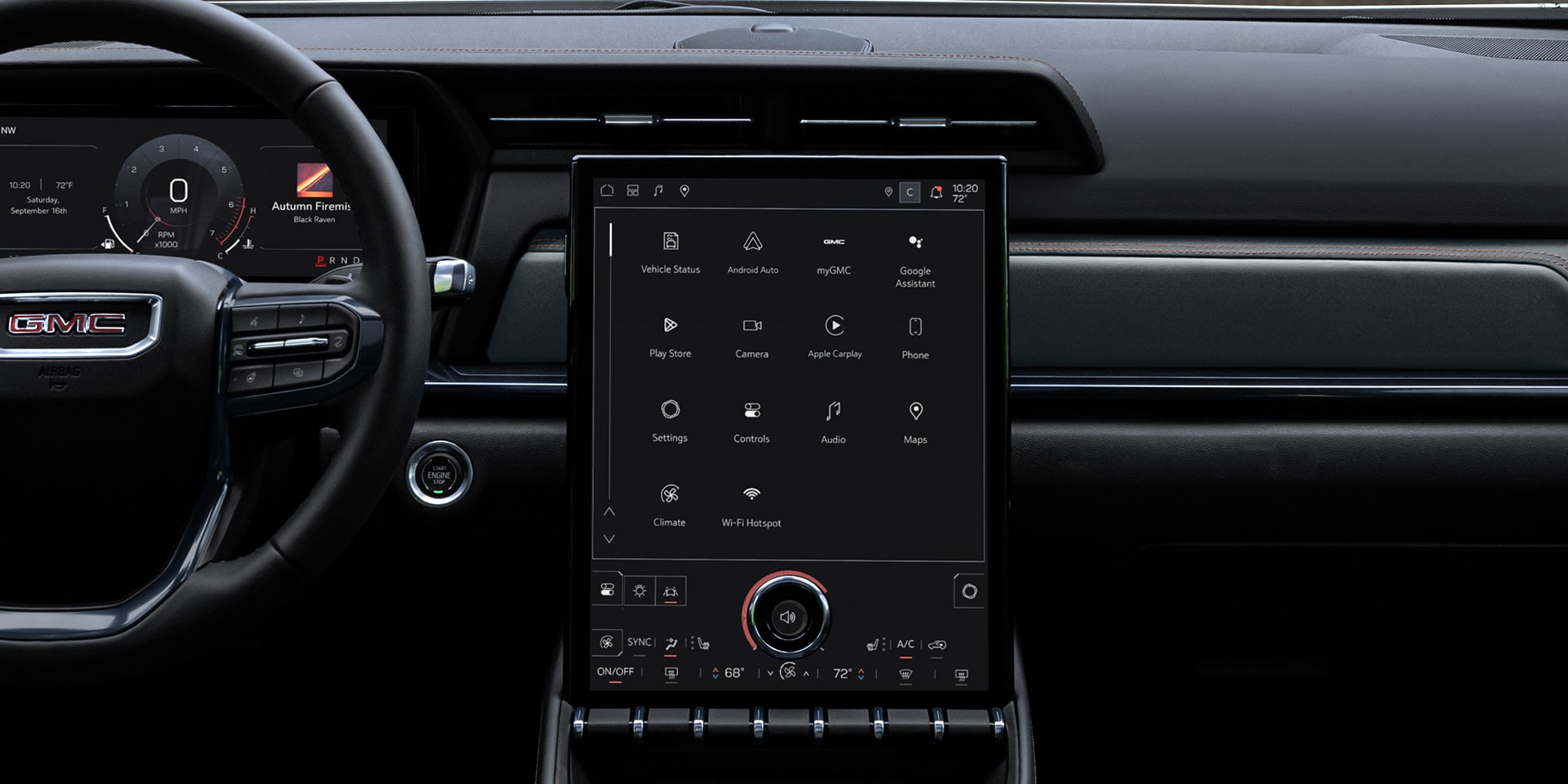 L’intérieur d’un véhicule de terrain GMC 2027 avec un grand écran vertical d’infodivertissement affichant des applications telles qu’Apple CarPlay et Google Assistant.