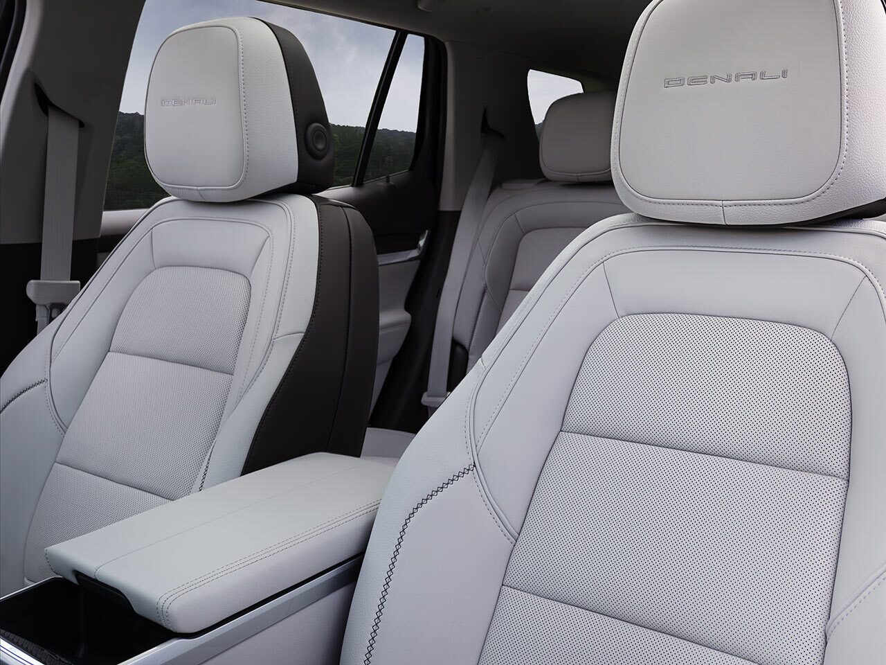 The Front Passenger and Rear Seats in a 2027 GMC Terrain Denali Upholstered in Light Gray and Dark Brown Leather.