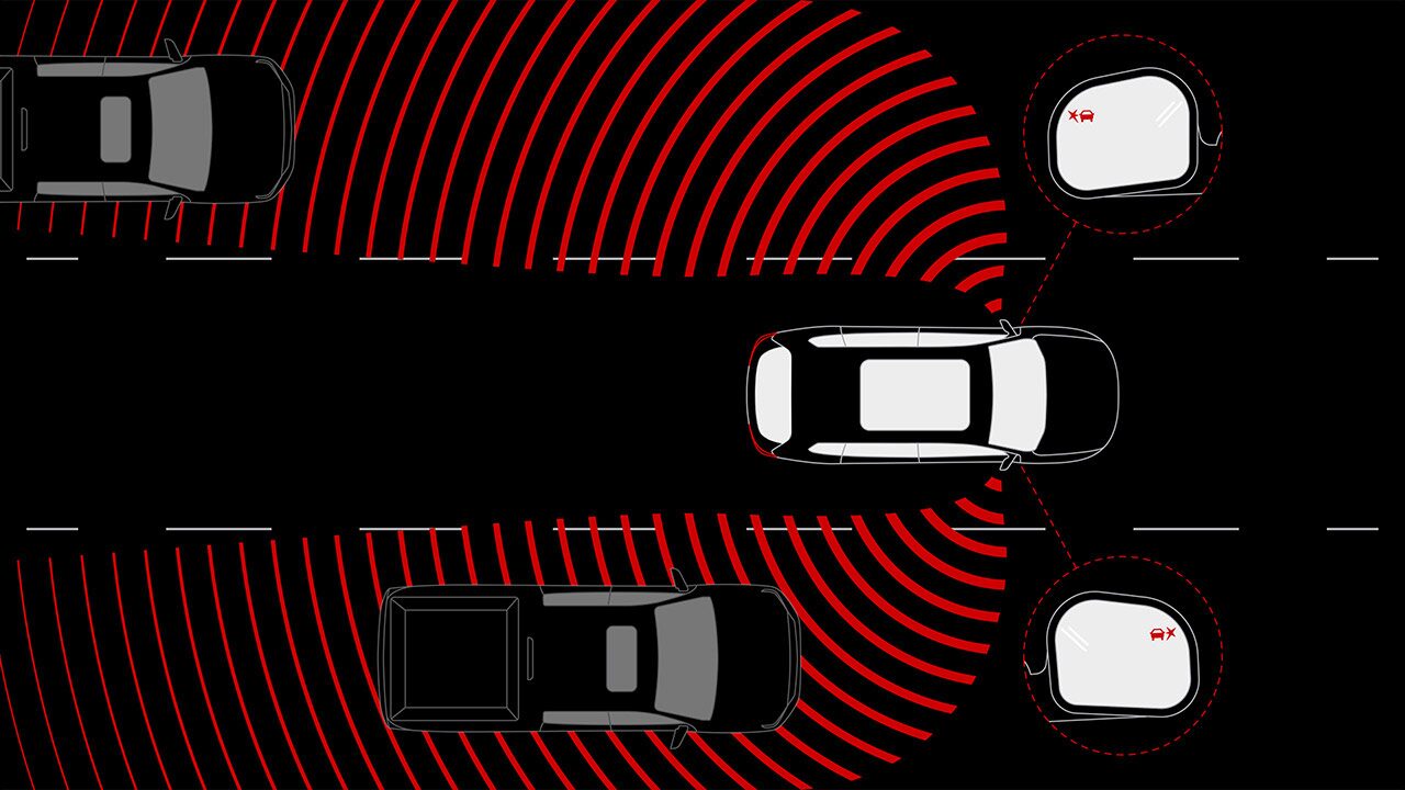 A Top-Down Diagram Of a 2027 GMC Terrain Vehicle On a Highway with Red Radar Waves Detecting Cars in its Blind Spots.