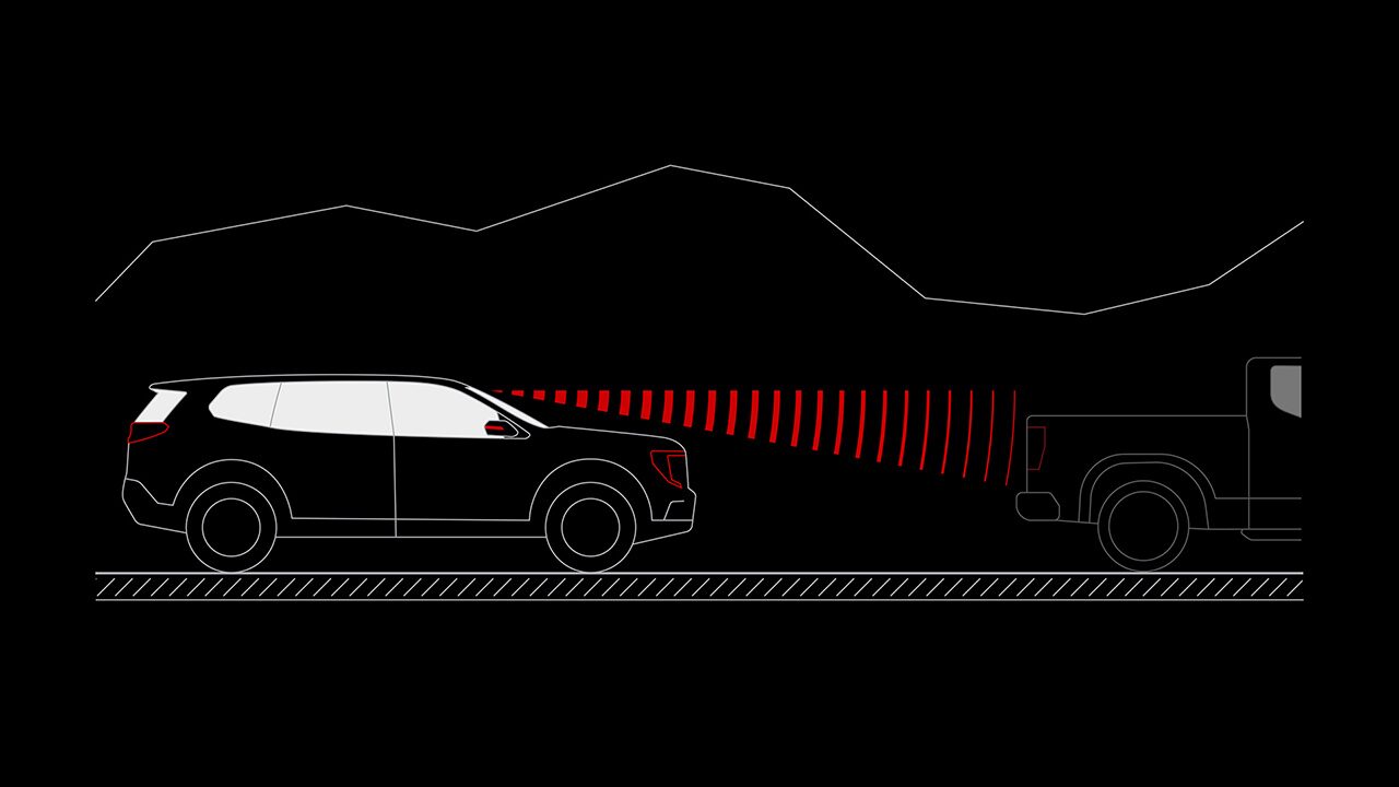 A Diagram Of a Black 2027 GMC Terrain Vehicle with Red Radar Waves Detecting a Pickup Truck From Behind.