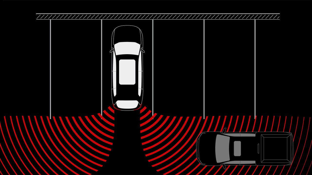 A Top-Down Diagram Of a White 2027 GMC Terrain Vehicle Backing Into a Parking Spot with Red Radar Waves Detecting a Gray Vehicle.