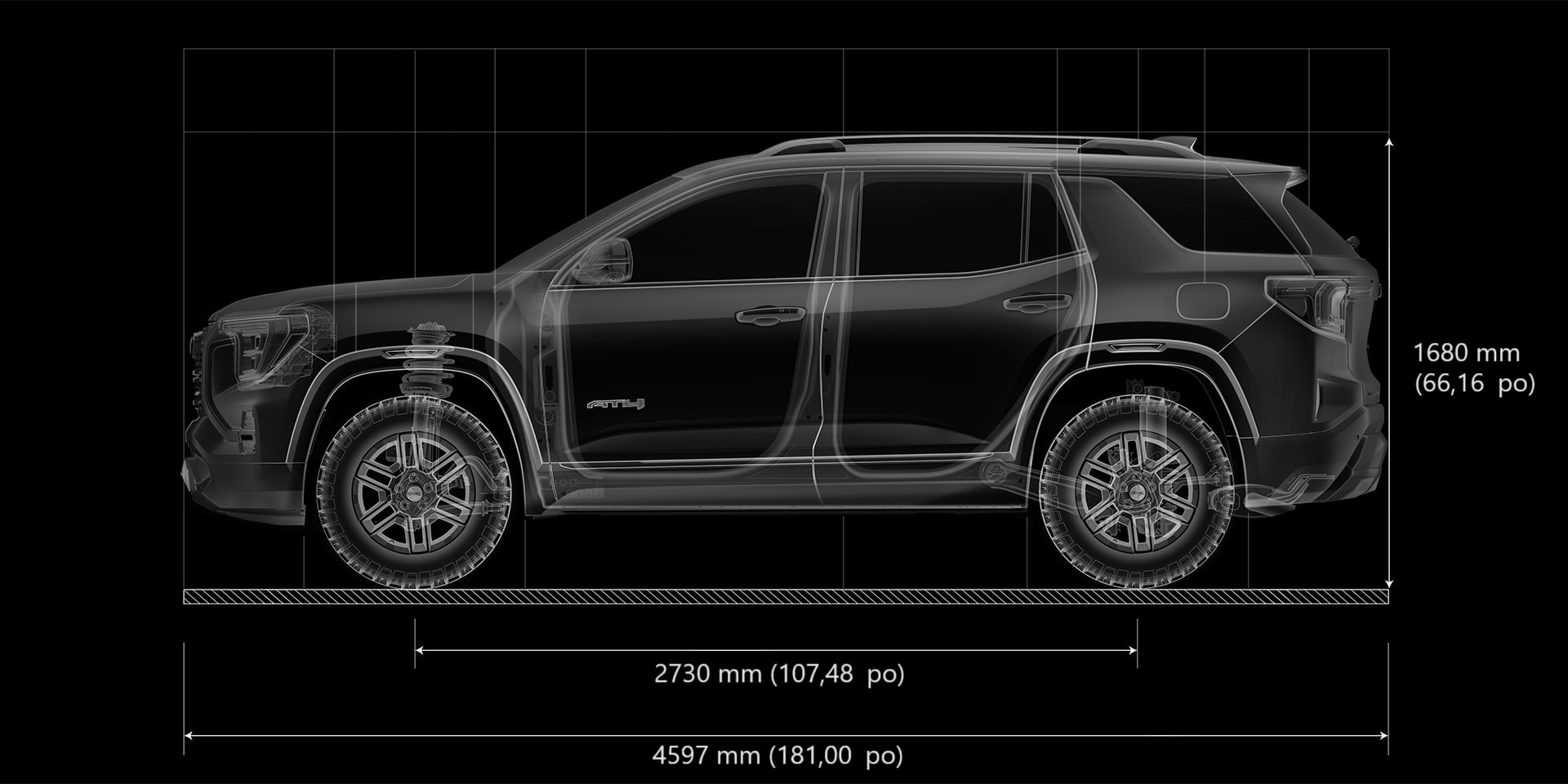 Un dessin technique d’un SUV terrain GMC 2027 en profil latéral avec les dimensions affichées sur un fond noir.