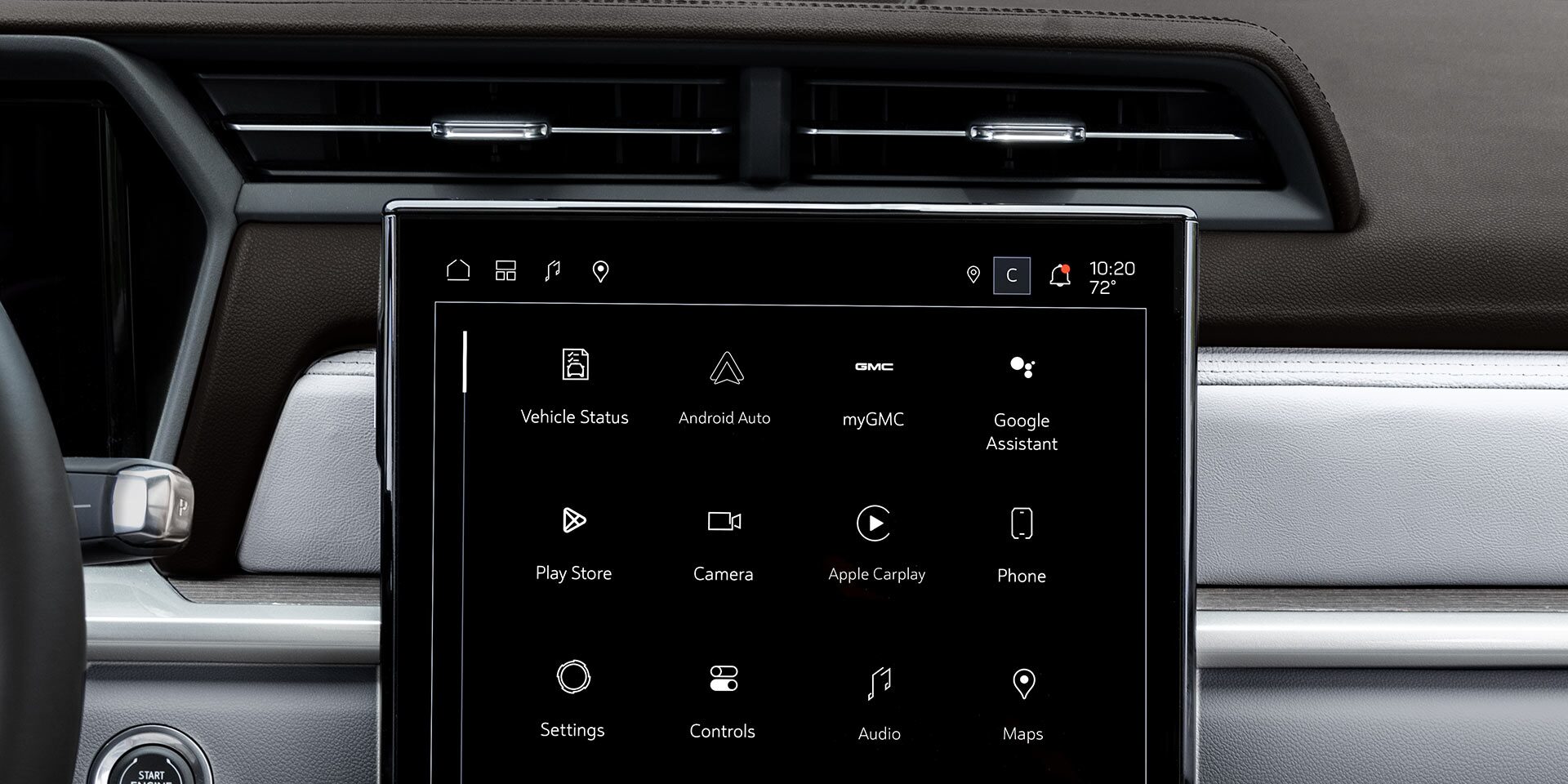 The 2027 GMC Terrain Denali Infotainment Screen Displaying Apps Such as Vehicle Status, Android Auto, and Apple Carplay.