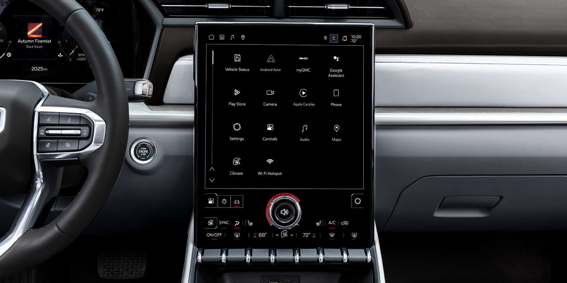 A 2027 GMC Terrain Dashboard with a Large Central Infotainment Screen and Physical Climate Control Buttons.