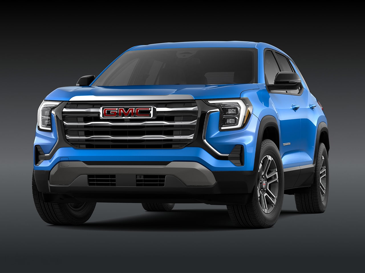 Vue de face d’un SUV GMC 2027 2027 en relief elevation bleu avec une calandre chromée.