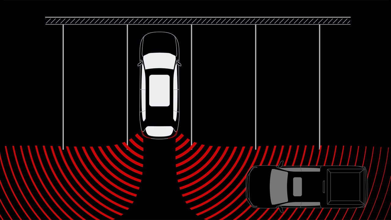 Un schéma en vue de dessus d’un véhicule GMC de terrain blanc 2027 reculant sur une place de stationnement avec des ondes radar rouges détectant un véhicule gris.