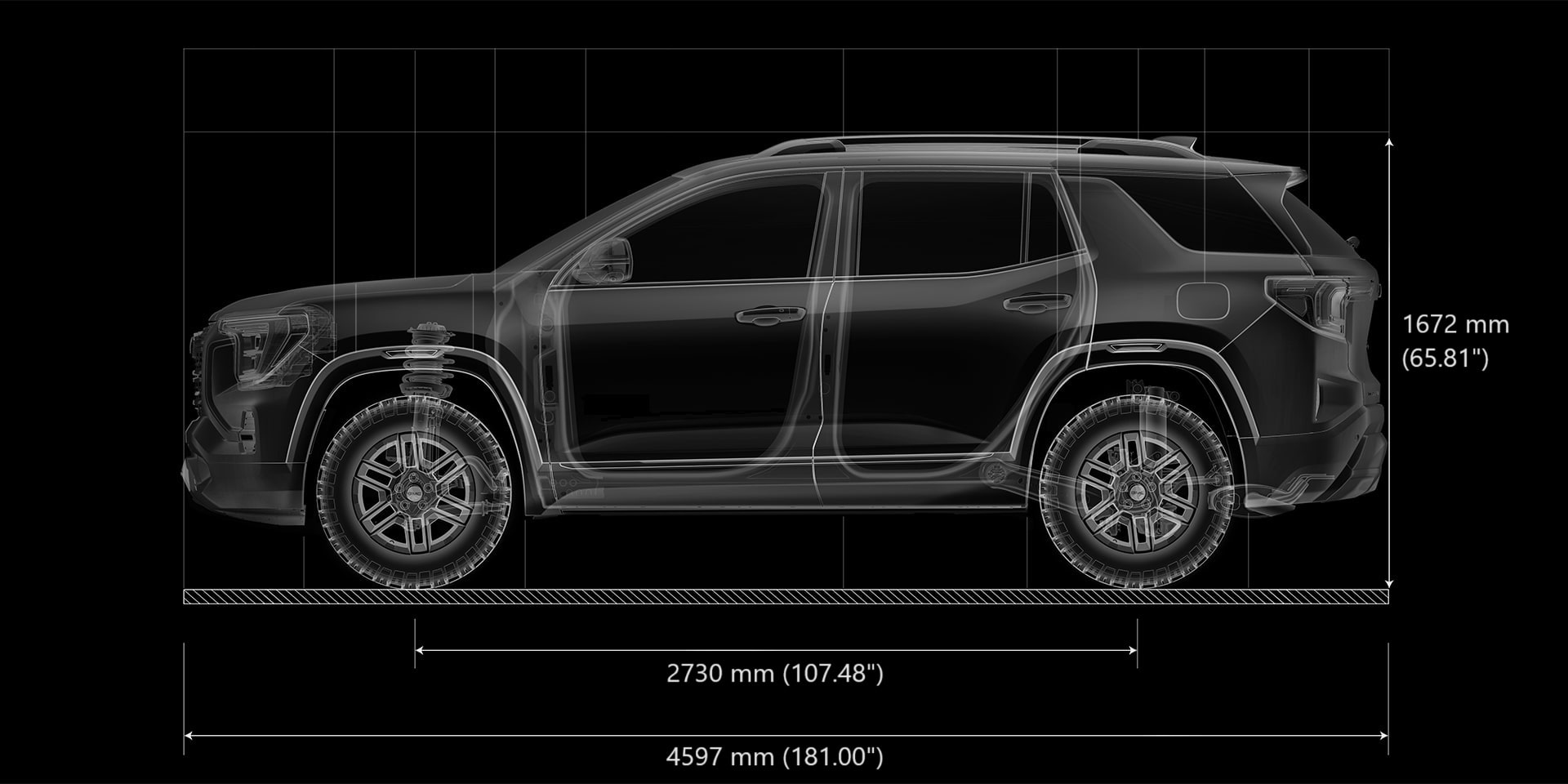Un plan technique d’un SUV GMC Terrain AT4 2027 montrant son profil latéral et ses dimensions clés, dont 181 pouces de longueur et 66,16 pouces de hauteur.
