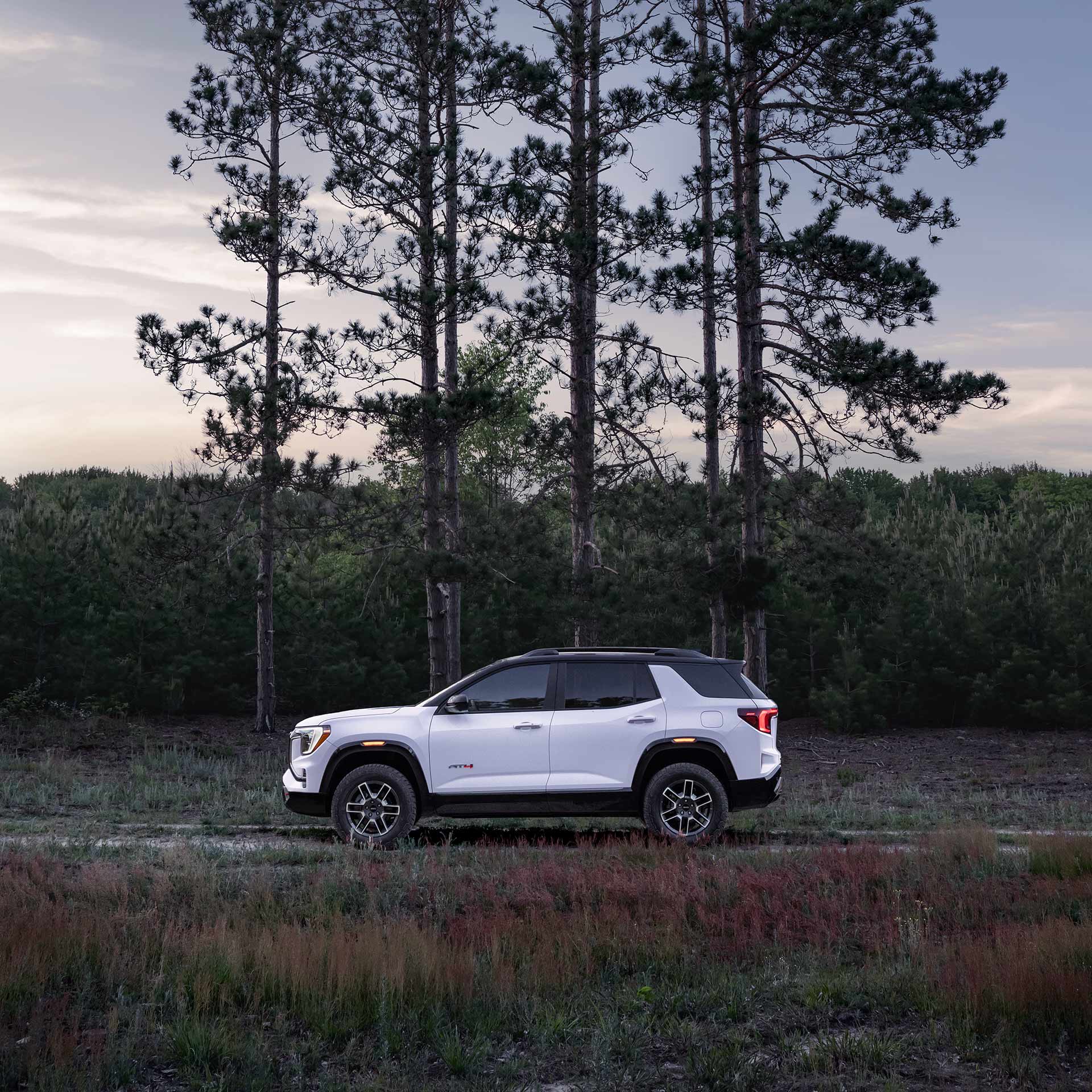 Un SUV AT4X GMC Terrain blanc 2027 garé sur un chemin de terre avec de grands pins en arrière-plan.