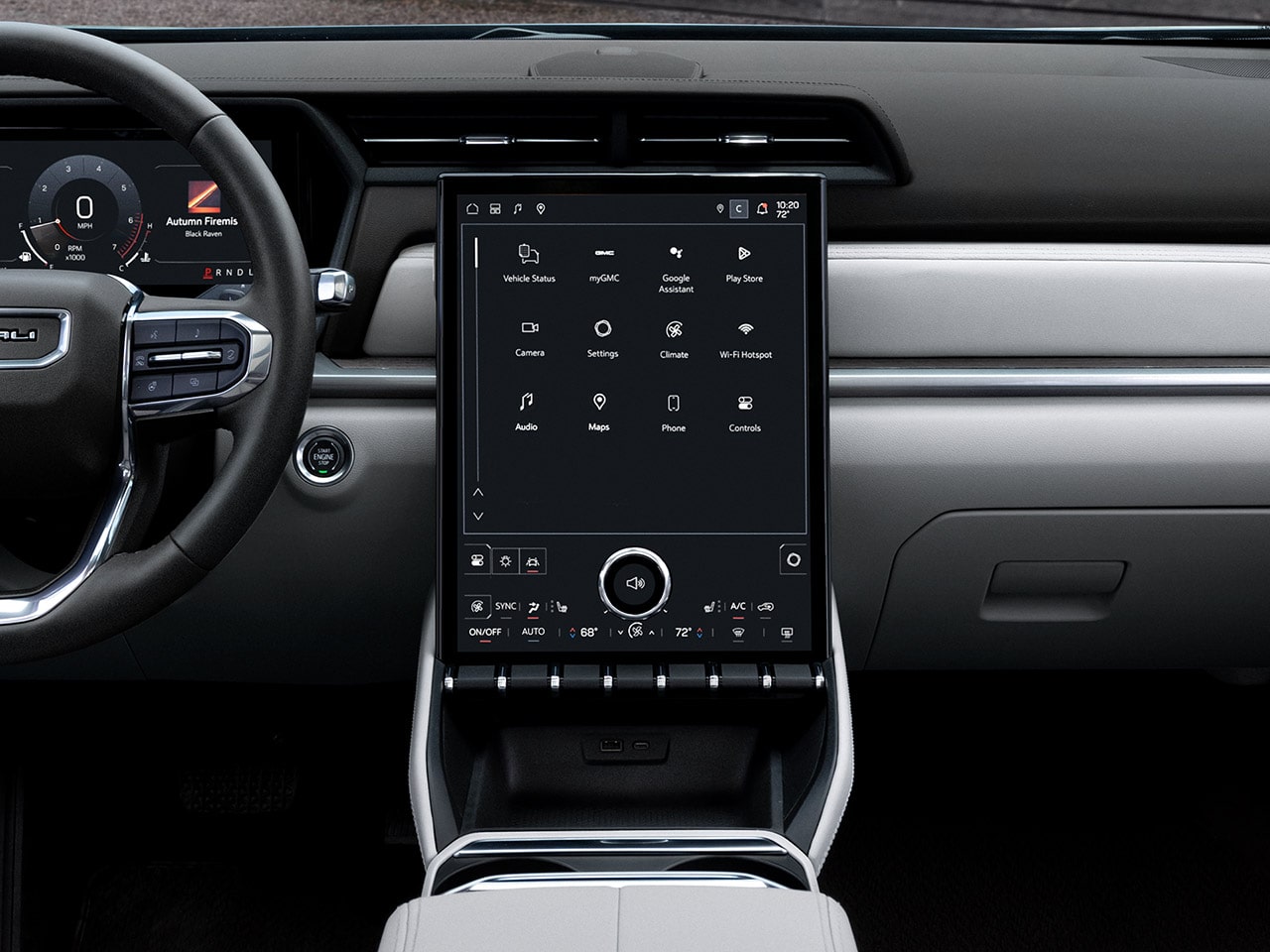 Le tableau de bord intérieur d’une GMC Terrain 2027 affiche un grand système d’infodivertissement tactile avec diverses icônes d’application.
