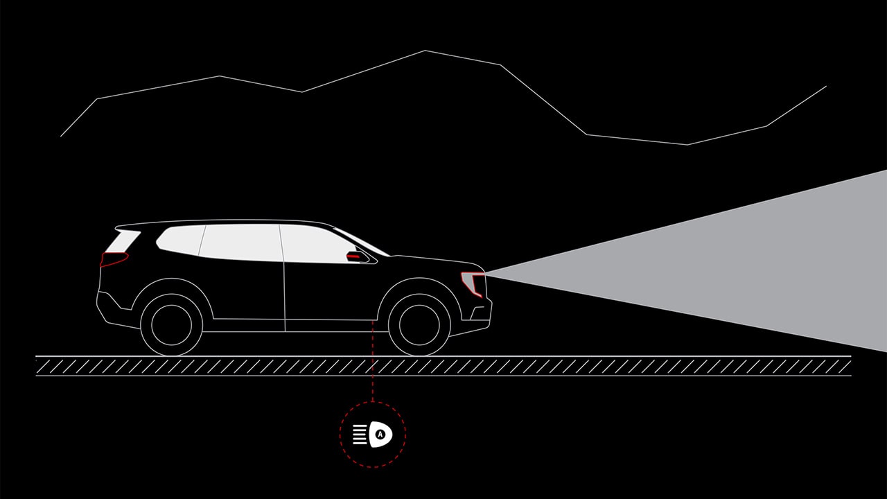 Un schéma d’un véhicule de terrain GMC noir 2027 avec phares allumés et icône de feux de route automatique.