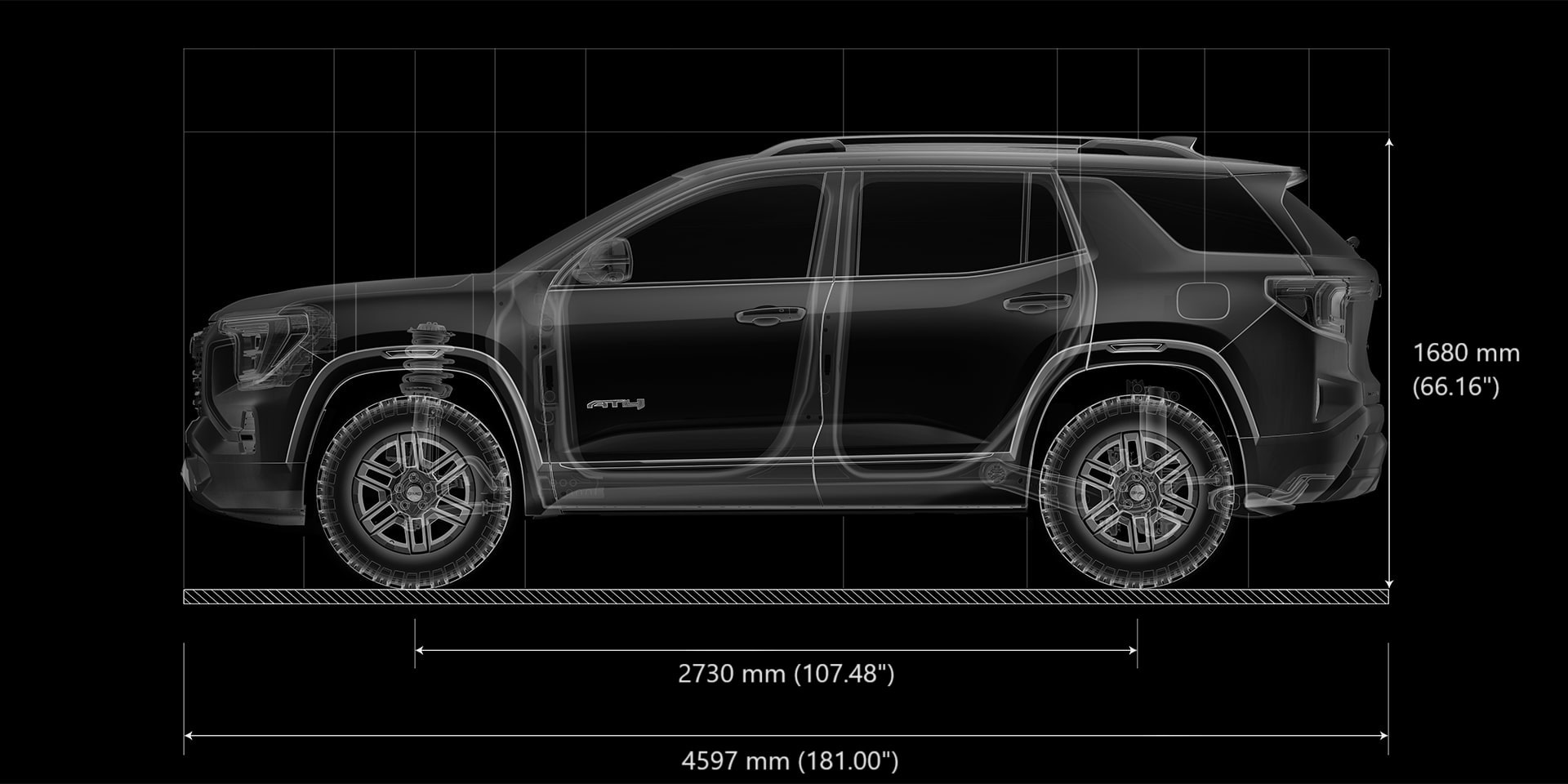 A 2027 GMC Terrain Acadia AT4 Diagrammed in a Side Profile View with Measurements.