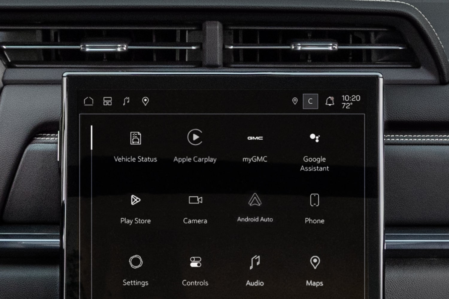 Écran d’infodivertissement GMC Terrain 2027 affichant des icônes pour l’état du véhicule, myGMC, Google Assistant et d’autres applications.
