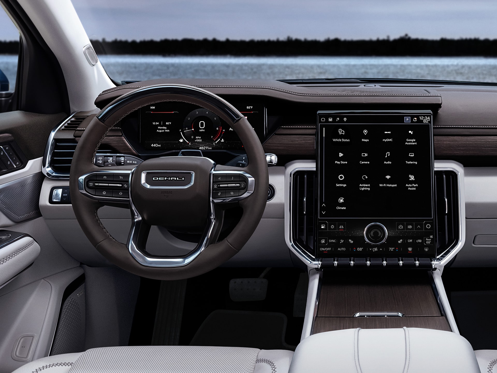 L’habitacle du VUS intermédiaire de luxe GMC Acadia Denali 2026 vu par le conducteur.