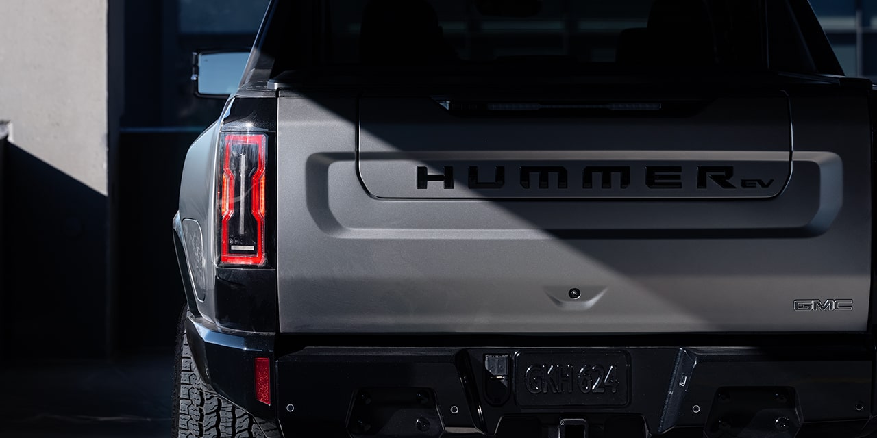 Close-up of a Shadow Going Over the 2026 GMC Hummer EV Pickup Truck Tailgate.