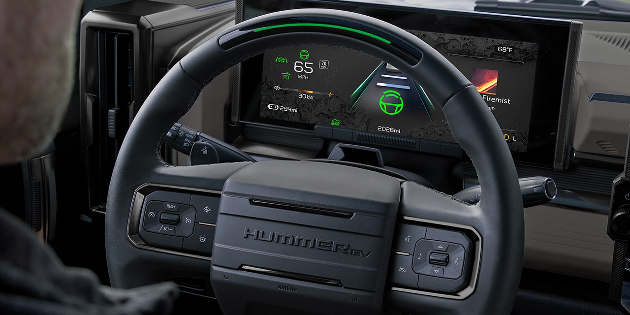 Close-up of the Steering Wheel of the 2026 GMC Hummer EV Pickup Truck.