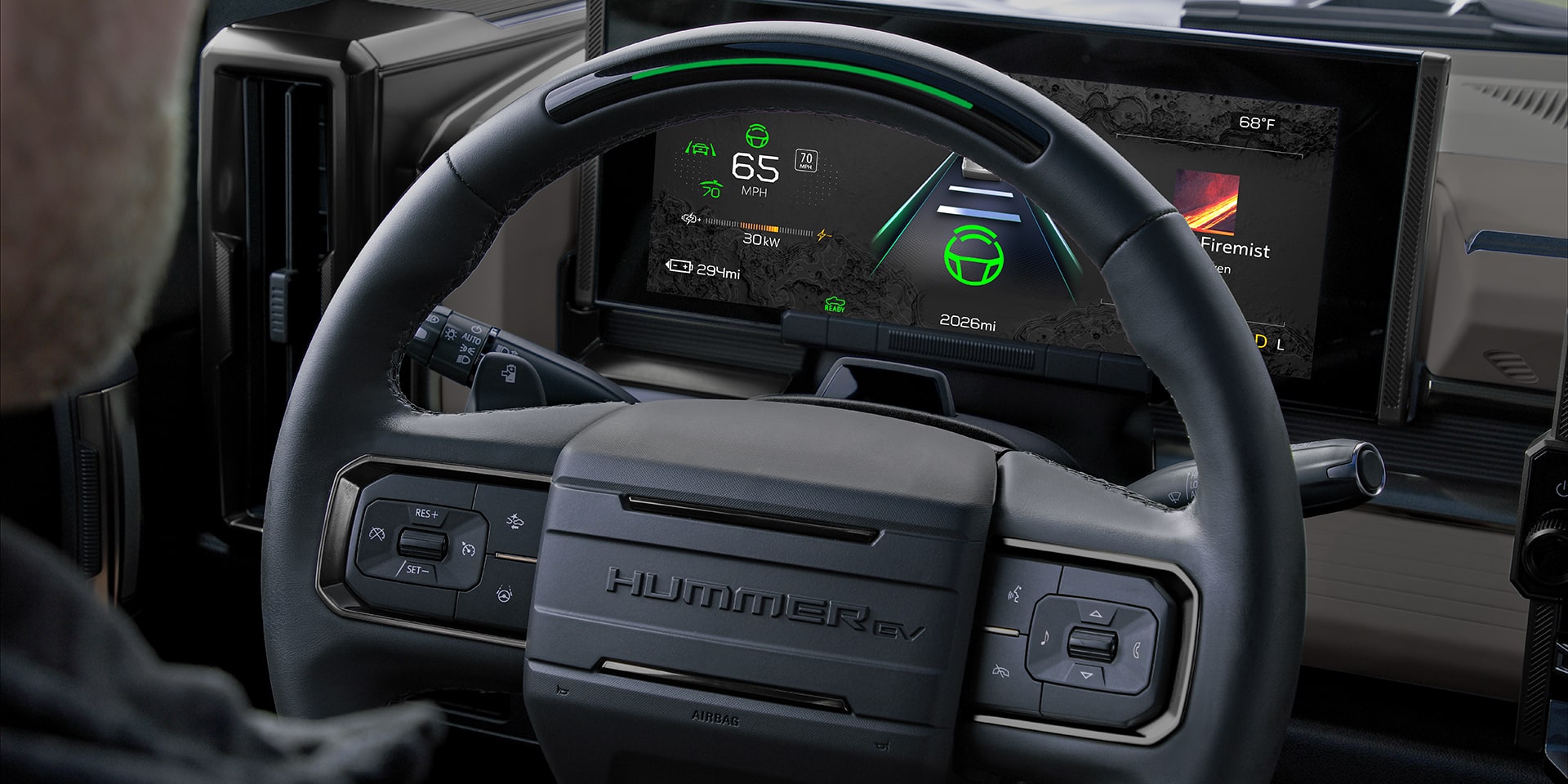 Close-up of the Steering Wheel of the 2026 GMC Hummer EV Pickup Truck.