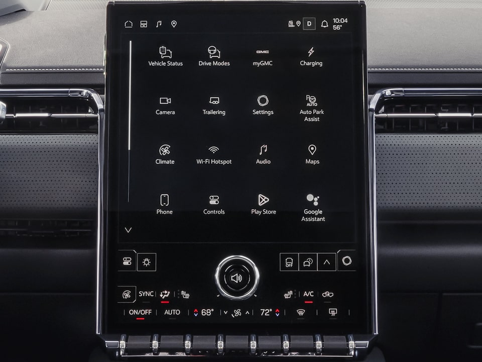 Vue rapprochée du système d’infodivertissement haut de gamme du GMC Sierra EV 2026.
