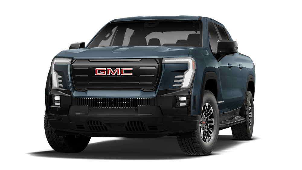 Vue latérale avant d’un GMC Sierra EV 2026 bleu.