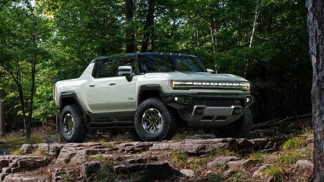 Side exterior view of the GMC Hummer EV.