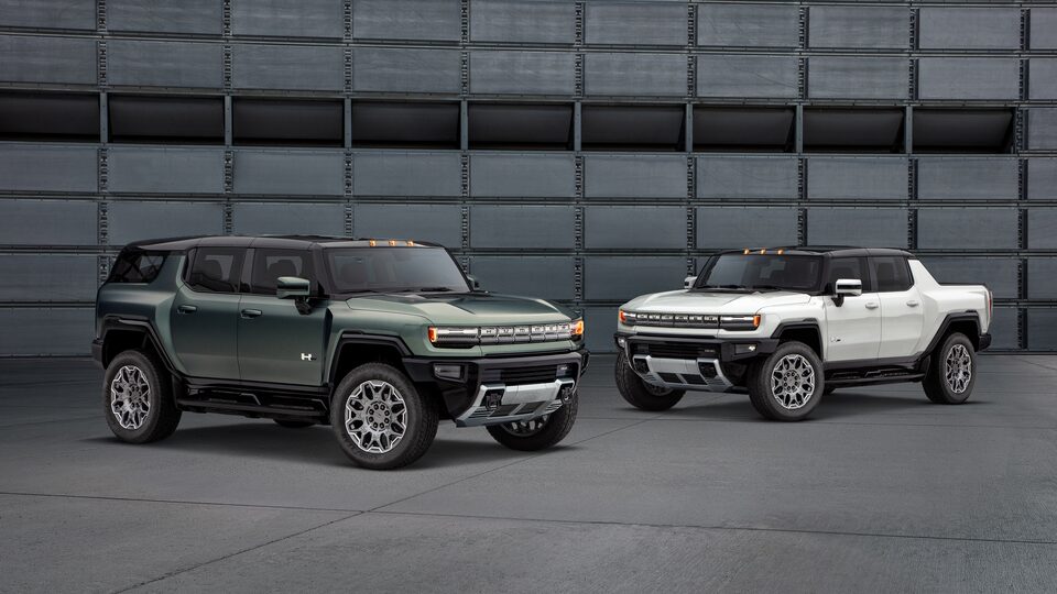 The all-electric Hummer EV SUV and Supertruck.