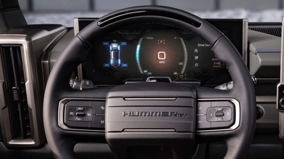 The all-electric Hummer EV with Regen steering wheel.