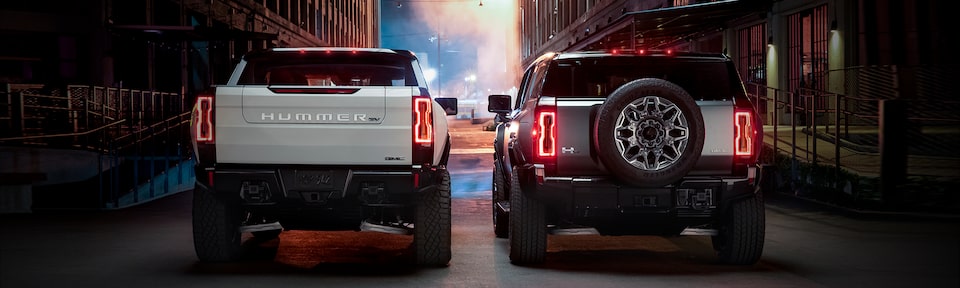 Rear view of the GMC Hummer EV and SUV.