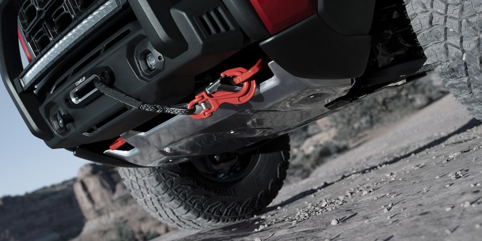Close-up view of the 2023 Canyon AT4X front winch.