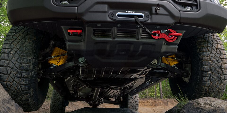 GMC Canyon AT4X AEV edition hot-stamped boron steel skid plates.