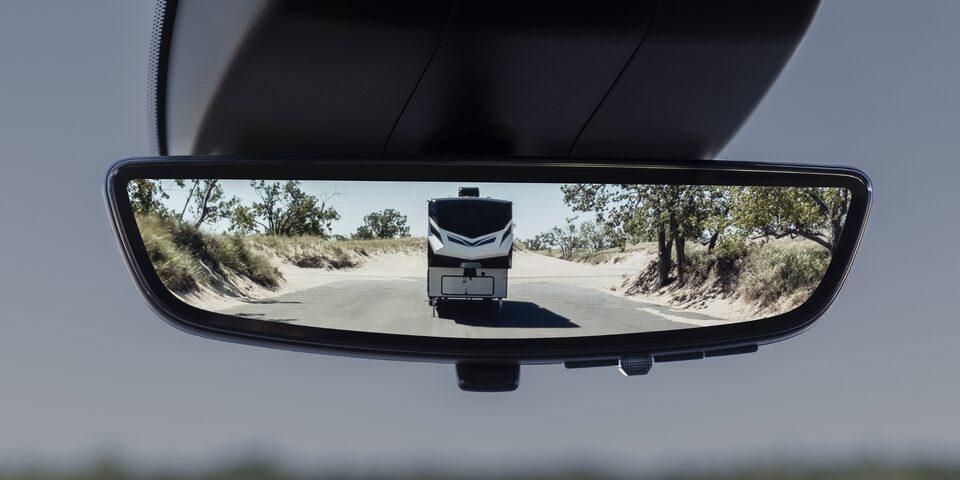 Rear camera mirror of the 2024 GMC Sierra HD camera system.