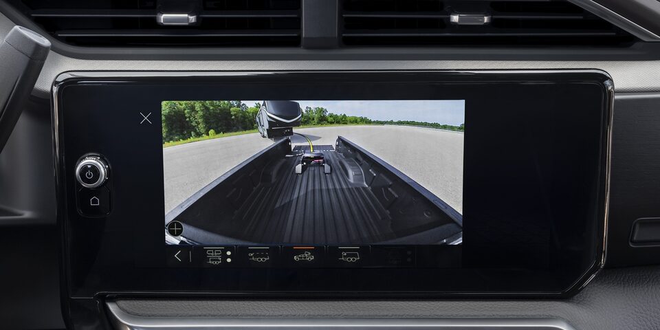 Cargo bed view of the 2024 GMC Sierra HD camera system.