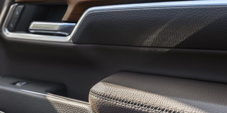 Vue rapprochée d’un accoudoir et de l’intérieur d’une portière du Sierra HD Denali 2024.