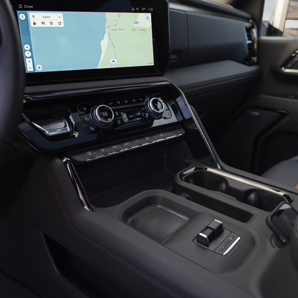 In between the front seats of the 2024 Sierra HD AT4.
