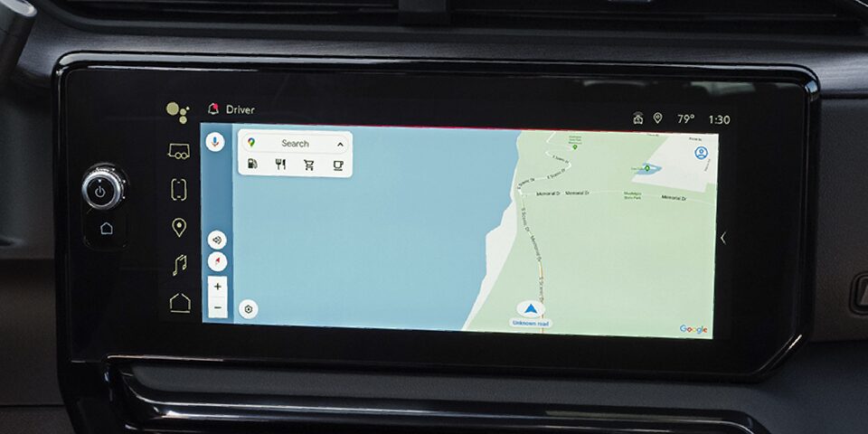 Navigational map view and menu on the 2024 GMC Sierra HD centre console touchscreen.