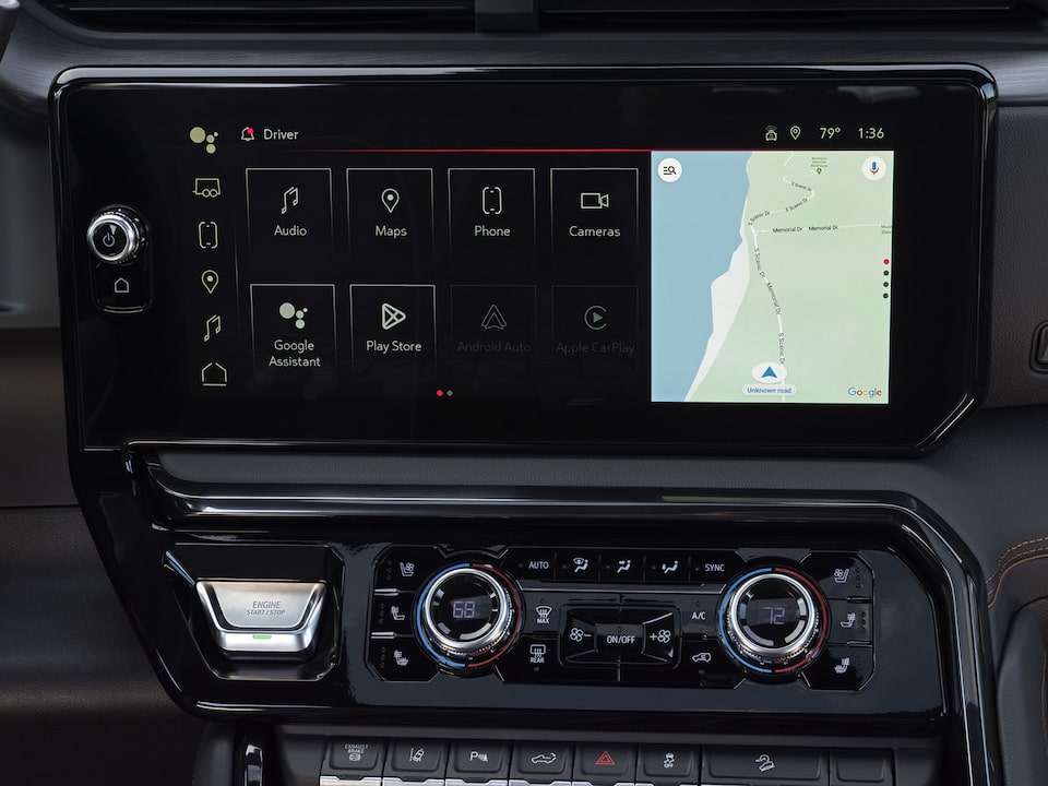 Navigational map view and menu on the 2024 GMC Sierra HD centre console touchscreen.