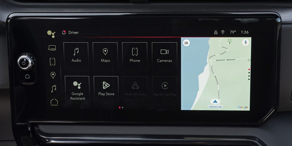 Navigational map view and menu on the 2024 GMC Sierra HD centre console touchscreen.