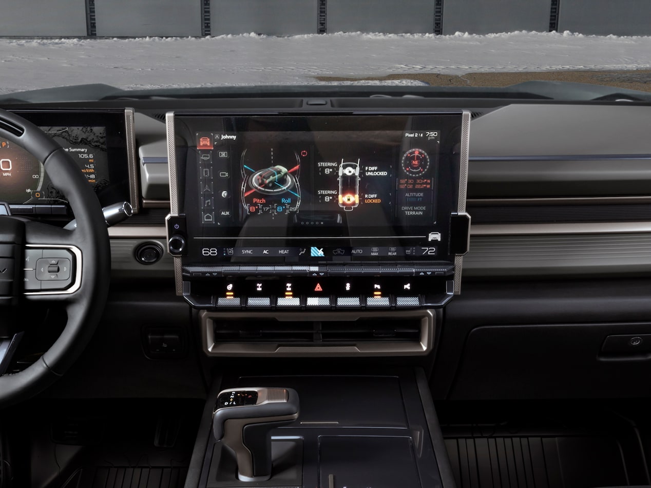 Low angle shot of the High-Definition screen of the GMC Hummer EV.
