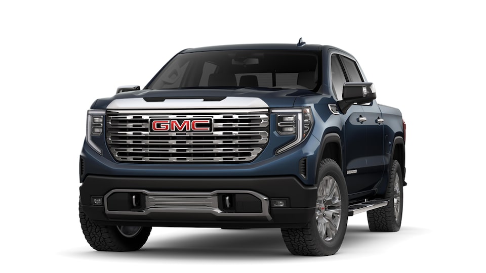 Sierra Denali 2022 à caisse courte et cabine multiplace en bleu pacifique métallisé.
