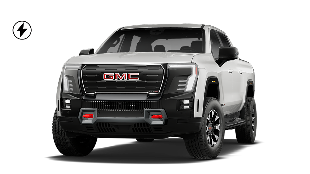 Front Three-Quarters View of the 2026 GMC Sierra EV AT4 Electric Pickup Truck.