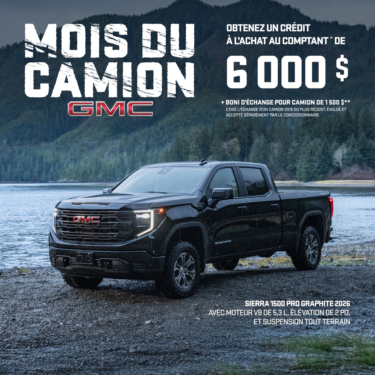 Sierra 1500 Pro Graphite 2026 AVEC MOTEUR V8 DE 5,3 L, ÉLÉVATION DE 2 PO, ET SUSPENSION TOUT TERRAIN