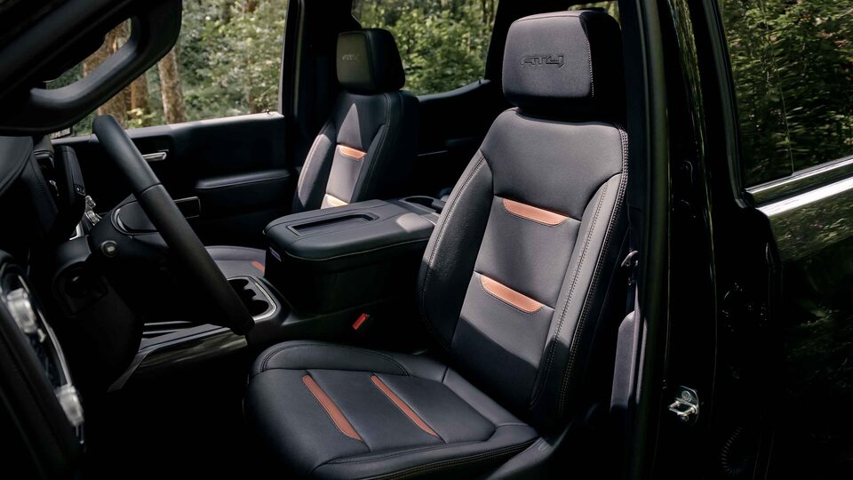 2021 GMC Sierra AT4 interior leather seating with accent.