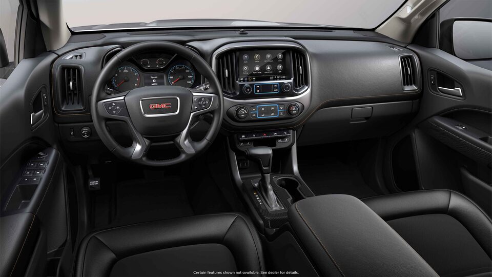 Intérieur avant du GMC Canyon 2022 en noir jais et tissu Kalahari.