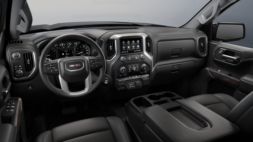 Vue aérienne de l'intérieur avant du GMC Sierra 1500 2022 en {Colourizer}.