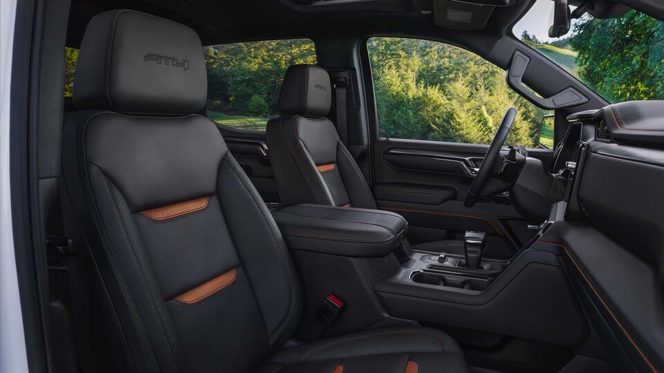 Interior of 2023 Sierra AT4: Jet Black with Kalahari interior and embroidered AT4 accents.
