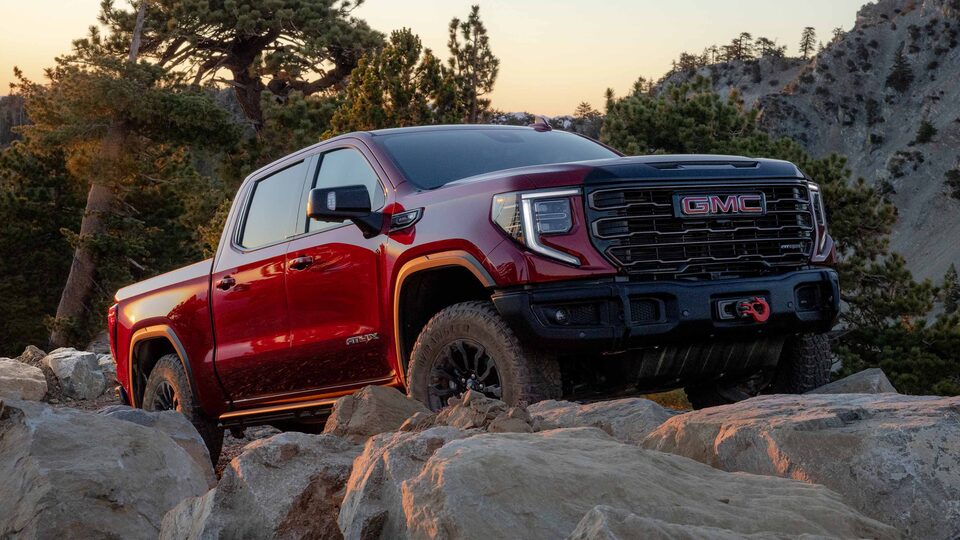 The New AEV-inspired 2023 Sierra 1500 AT4X on rough terrain.