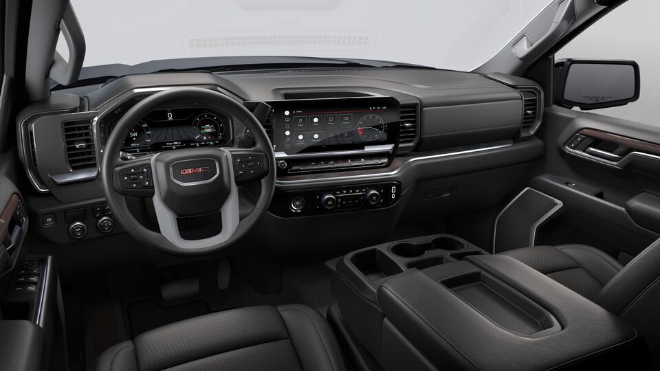 Vue aérienne de l'intérieur avant du GMC Sierra 1500 2023 en noir jais.