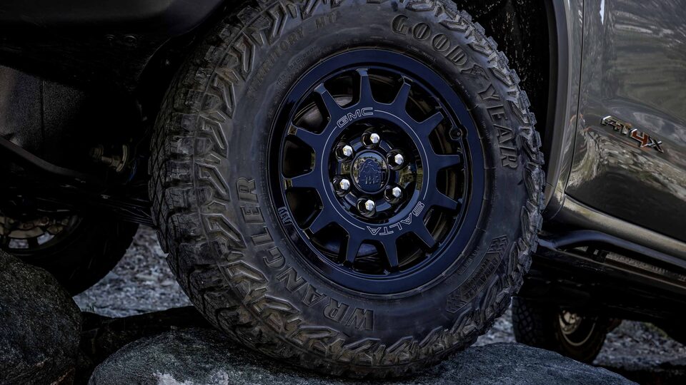 Close-up of the First Ever 2023 Sierra 1500 AT4X AEV Edition tire.