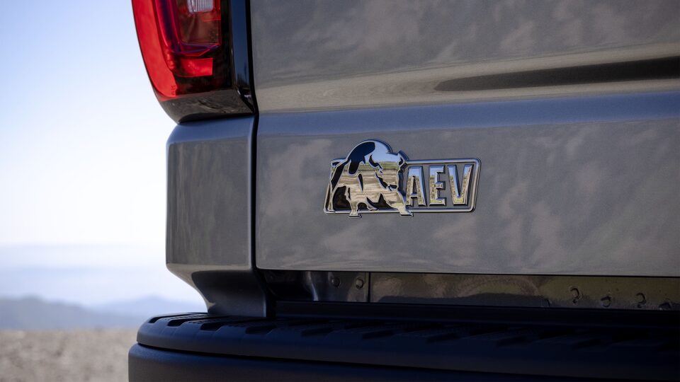 AEV logo on the back of the First Ever 2023 Sierra 1500 AT4X AEV Edition.