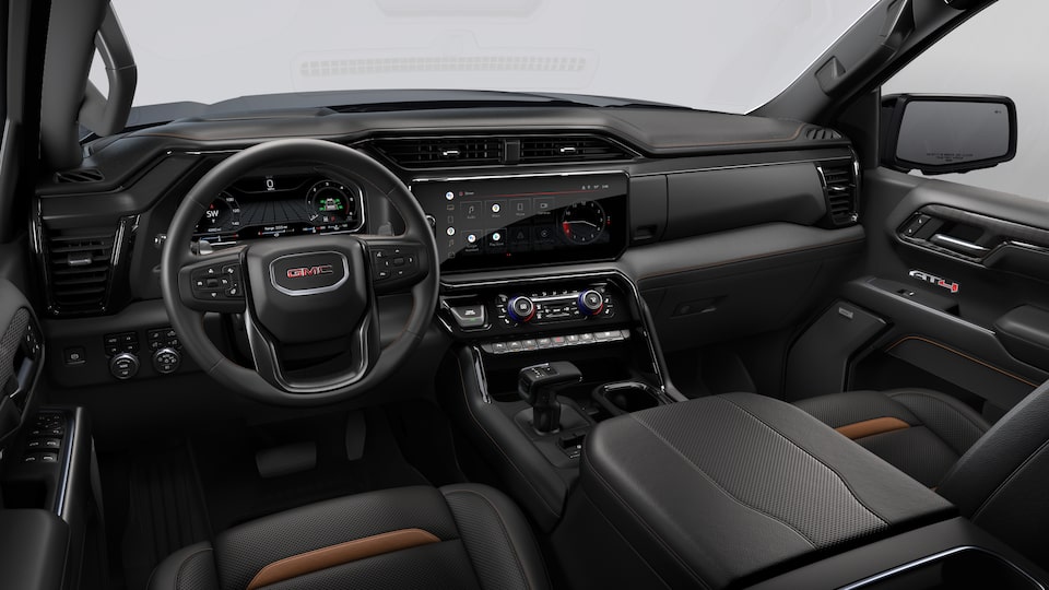 Front interior view of the 2023 GMC Sierra 1500 in Jet Black with Kalahari Accents.